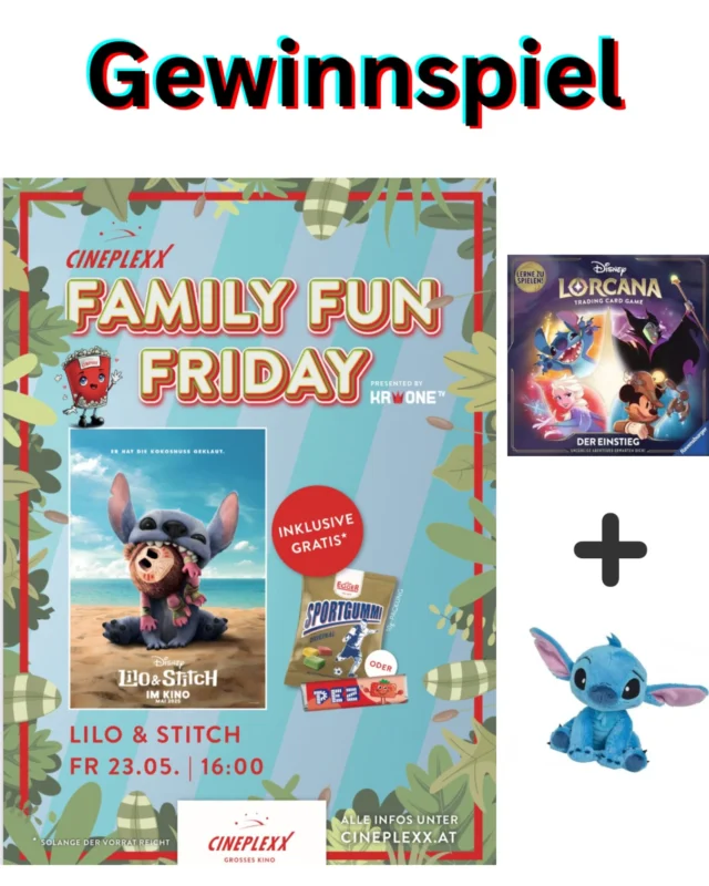 💫✨GEWINNSPIEL✨💫
LILO & STITCH Fans aufgepasst? 🍿
Ich darf heute ein cooles LILO & STITCH PACKAGE an einen glücklichen Gewinner:in verlosen 🤩
⭐️ 1x4 KINOKARTEN für die Family Fun Friday-Vorstellung von LILO & STITCH am Fr., 23. MAI 2025 um 16 Uhr im @cineplexx_at deiner Wahl
⭐️ das BRETTSPIEL „Disney Lorcana – der Einstieg“
⭐️ eine kleine STITCH-Plüschfigur

Um teilzunehmen:
⭐️ Folgt @vickyliebtdich auf Instagram
⭐️ Liked meine letzten 3 Beiträge
⭐️ Kommentiert, mit wem Ihr ins Kino gehen würdet.
⭐️Für ein Extralos, teilt dieses Gewinnspiel in eurer Story.
VIEL GLÜCK!

Family Fun Friday
Am 23. Mai erwartet dich am Family Fun Friday ein farbenfrohes Abenteuer: In LILO & STITCH macht das blaue Alien Stitch Hawaii unsicher und lernt dabei was echte Familie bedeutet. Im Live-Action-Remake des Disney-Zeichentrickklassikers werden alte sowie neue Fans in die Welt des farbenfrohen Hawaiis entführt.
Schau LILO & STITCH am Family Fun Friday am 23.05. um 16:00 Uhr inkl. gratis Sportgummi (15g) oder PEZ Stange - presented by KRONETV�

Jeder Cineplexx Kinobesucher (Standorte Millenium City, Wienerberg, Linz, Graz, Salzburg und Innsbruck) kann am 24.+25.5., das Trading Card Game „Disney Lorcana“ ausprobieren und erhält zusätzlich ein Kartenpäckchen (12 Karten) als Geschenk und kann auch an einem Gewinnspiel teilnehmen. Dazu muss eine Karte mit Lilo oder Stitch auf Instagram gepostet werden und mit #lorcanalilostitch und @disneylorcanade getaggt werden. Zu gewinnen gibt es 20 Disney Lorcana Fanpakete

Mit „Disney Lorcana TCG - Der Einstieg“ können Spielende in die Welt des Trading Card Games eintauchen und sofort loslegen. Das Produkt enthält zwei Basisdecks mit je 30 Karten, ein Spielbrett, Spielfiguren, Regeln und Spielhandbücher sowie zusätzliche Karten.

Teilnahmeberechtigt sind alle Teilnehmer in Österreich. 
Der Gewinner:in wird per Zufallsgenerator gezogen und per DM verständigt. Das Gewinnspiel endet am 21.05.25! 
Keine Barauszahlung. Der Rechtsweg ist ausgeschlossen. Meta steht nicht in Zusammenhang mit diesem Gewinnspiel.

#gewinnspieleösterreich #gewinnenösterreich #wiengewinnspiele #wiengewinnspiel #liloundstitch #kinogewinnspiel 

Copyright Disney & Cineplexx